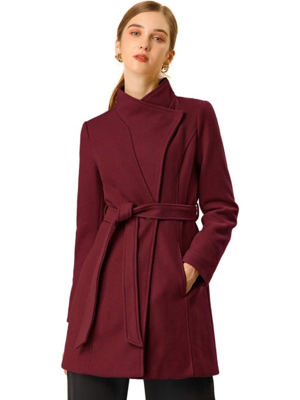 Elegant Women's Winter Overcoat with Stand Collar & Belted Design - Long Pea